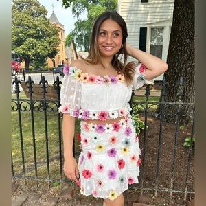 “Whimsical You”! Size 4 multi floral 3-D 2-piece, tie-up heel size 7 or 8 plus